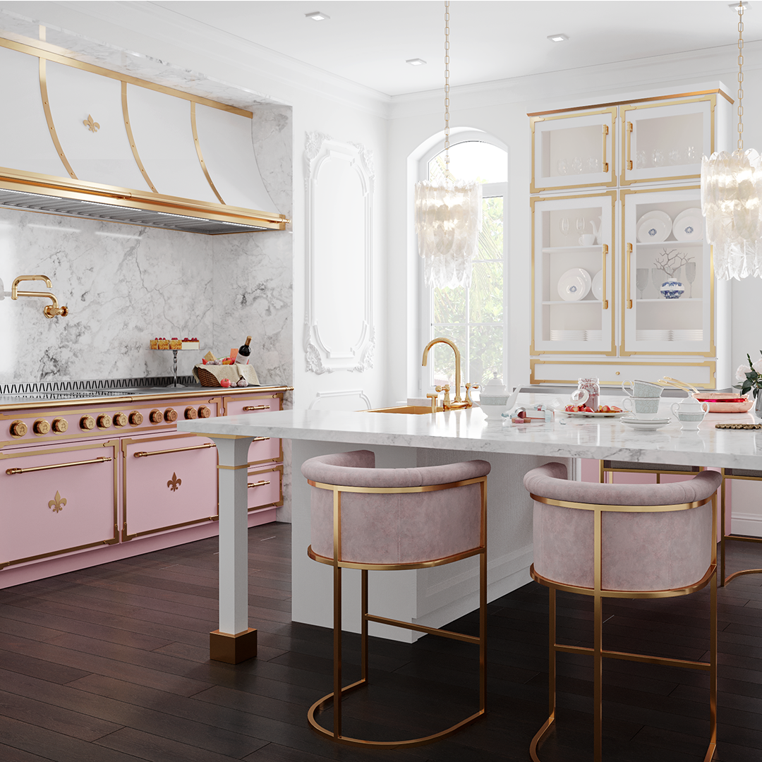 明亮的白色厨房里有粉红色的L'atelier炉灶