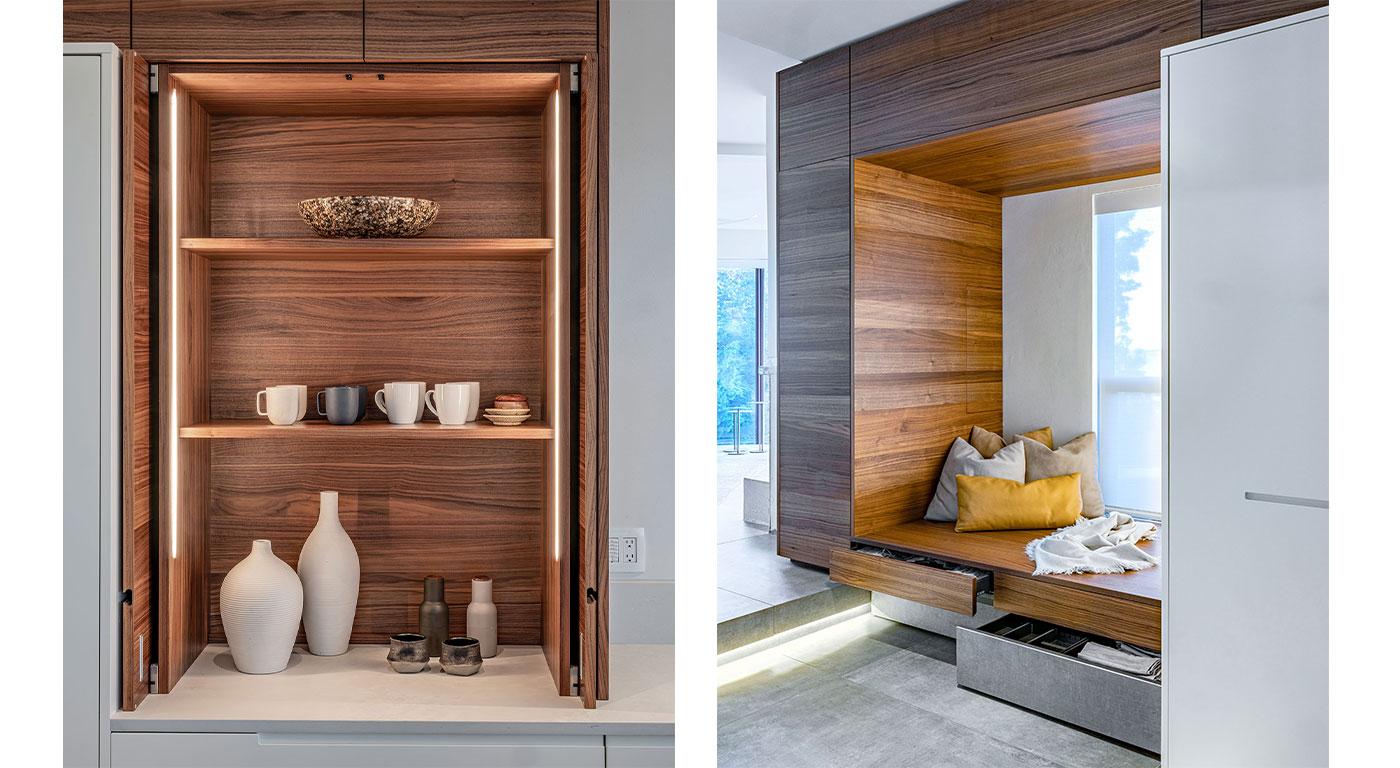 Sleek walnut kitchen cabinetry and nook by Divine Design Center
